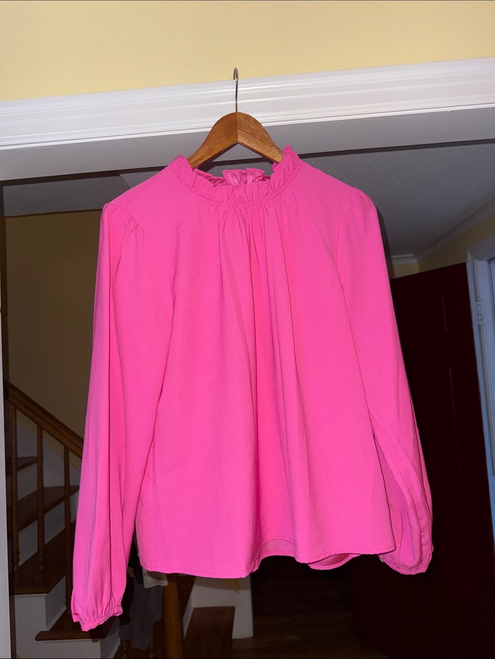 J. Crew Hot Pink Ruffle Neck Long Sleeve Blouse